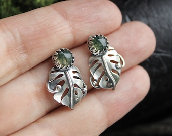 Monstera Leaf earrings studs silver Elven jewelry Botanical earrings