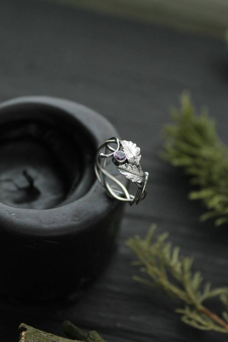 Leaf ring Elven engagement ring Botanical floral ring Silver wire wrapped jewelry Proposal ring plant Bohemian wedding Woodland ring Amethyst