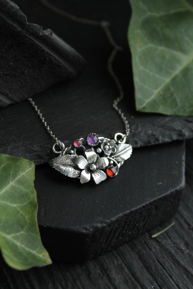 Viola necklace Silver flower pendant Bridal Jewelry Wedding Amethys+Sapph+Garnet