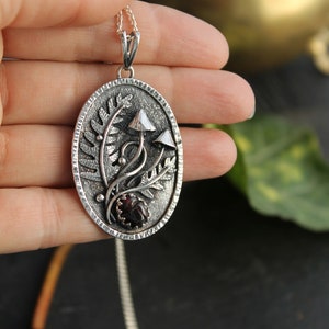 Mushroom necklace silver botanical jewelry Fern leaf charm image 4