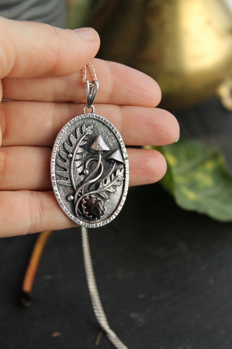 Mushroom necklace silver botanical jewelry Fern leaf charm image 4