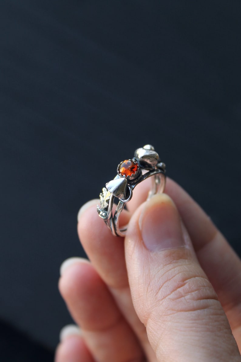 Amber ring Sterling silver Mushroom ring Woodland elven ring Botanical Nature lover ring Witch ring Elven jewelry Forest ring Statement Amber