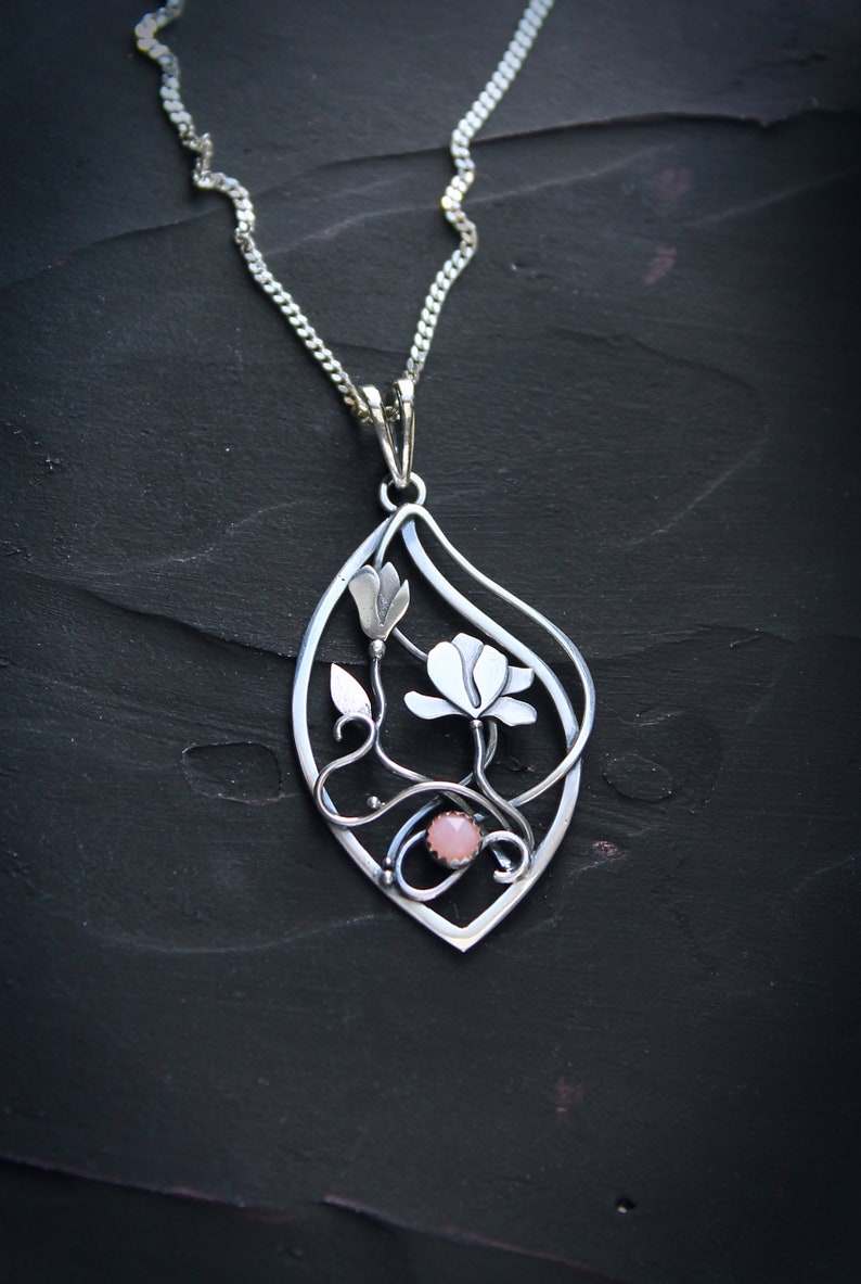 Magnolia blossom necklace Silver Flower pendant Botanical | Etsy