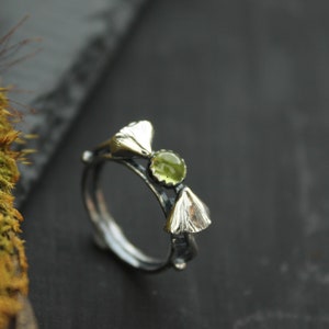 Amber ring Sterling silver Mushroom ring Woodland elven ring Botanical Nature lover ring Witch ring Elven jewelry Forest ring Statement Peridot