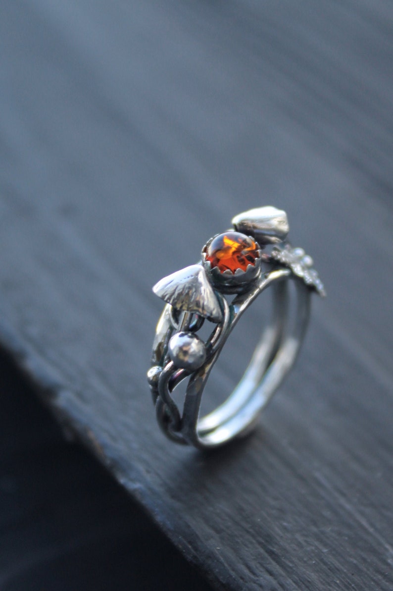 Amber ring Sterling silver Mushroom ring Woodland elven ring Botanical Nature lover ring Witch ring Elven jewelry Forest ring Statement image 5