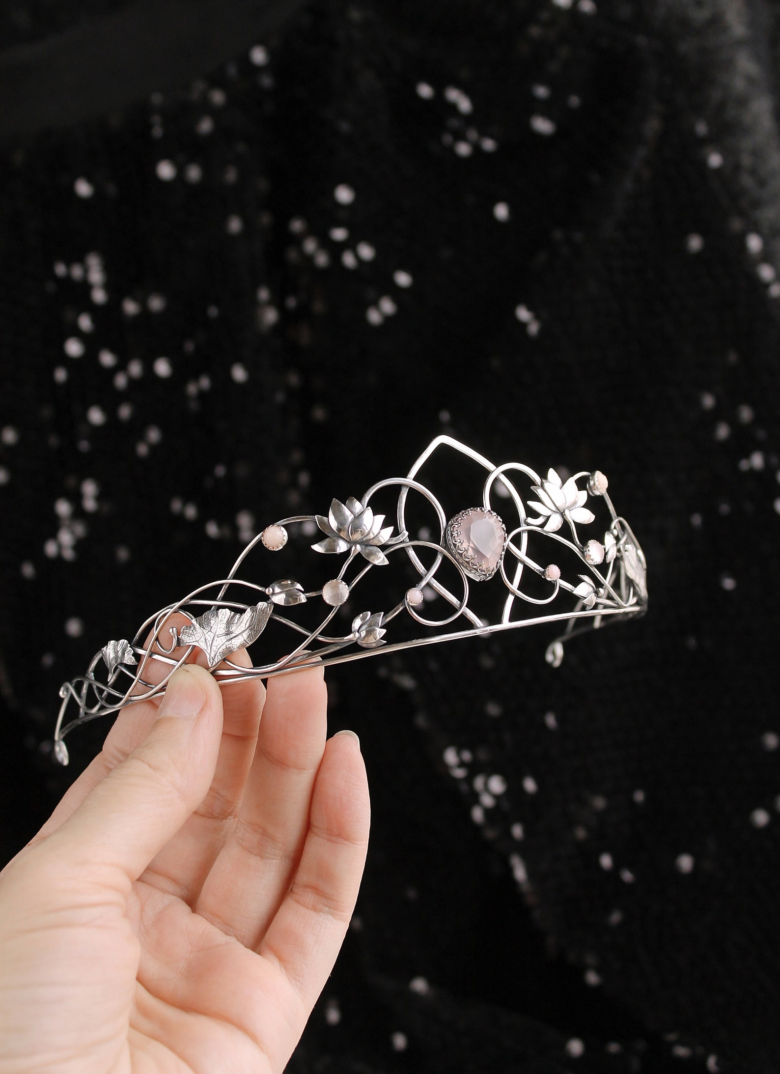 Tiara de plata Flor de loto rosa cuarzo corona nupcial Elven Etsy