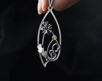 Sterling Silver Dandelion Necklace, Citrine Floral Pendant