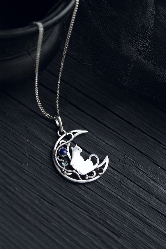 Silver Pendant Cat and Moon Totem Charm 