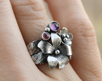 Viola flower ring, Silver botanical jewelry, Floral bridal ring