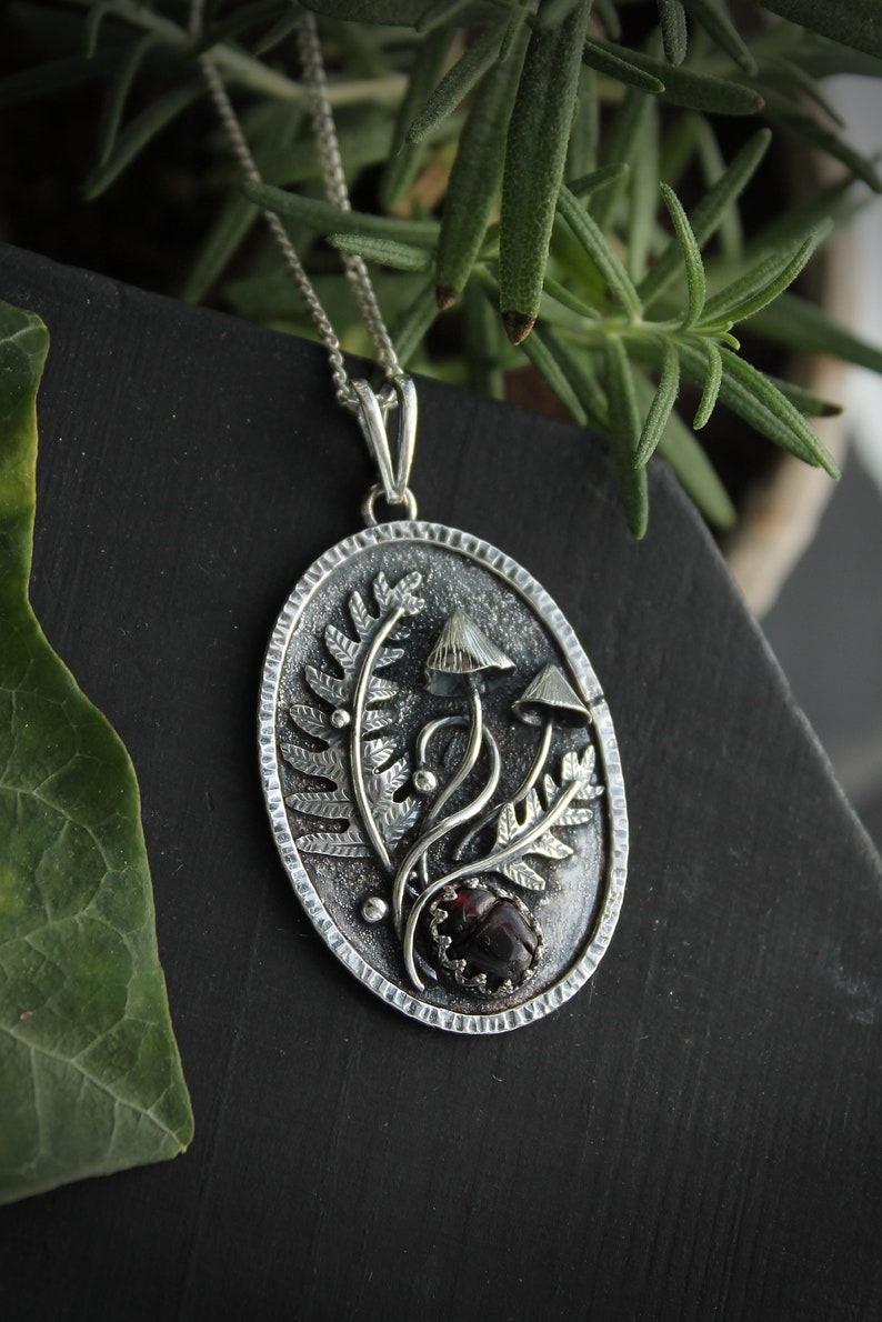 Mushroom necklace silver botanical jewelry Fern leaf charm image 6