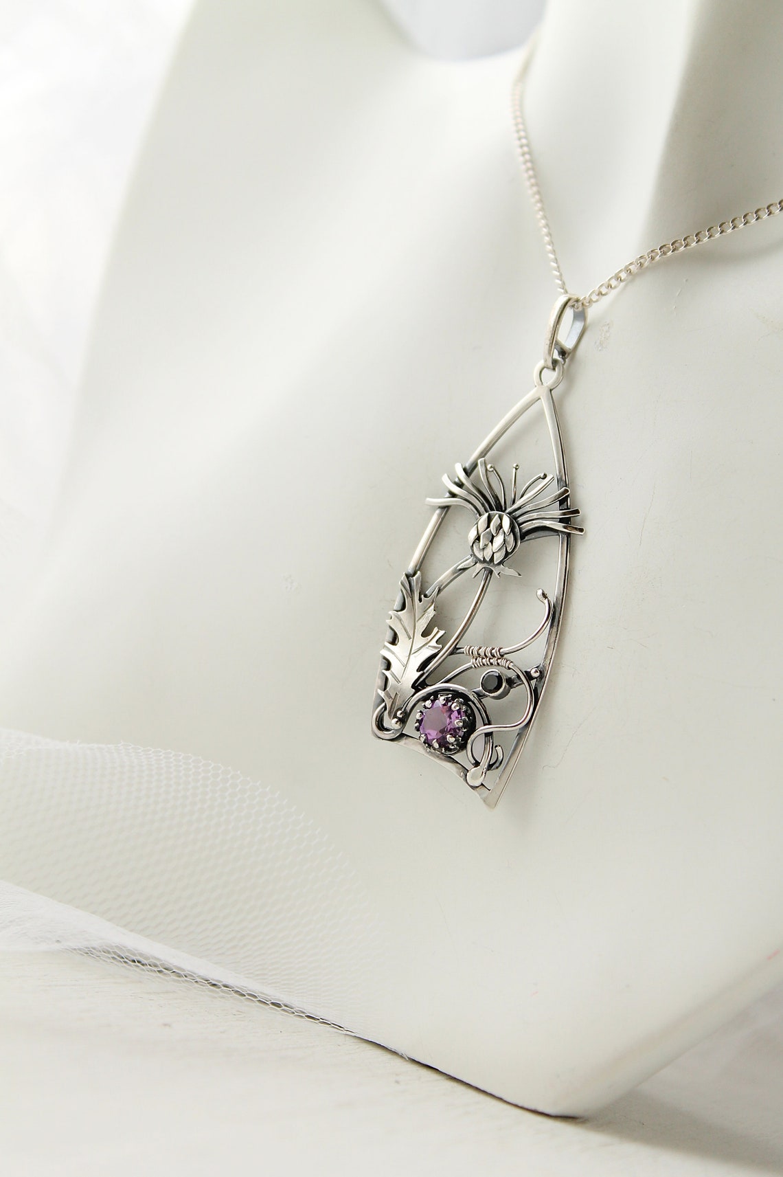 Thistle necklace Scottish flower jewelry Silver Floral pendant Etsy