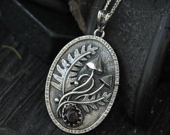Collar de setas, joyería botánica de plata, dije de hoja de helecho