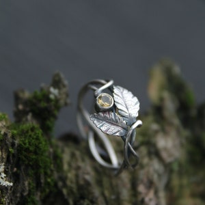 Leaf ring Elven engagement ring Botanical floral ring Silver wire wrapped jewelry Proposal ring plant Bohemian wedding Woodland ring Citrine