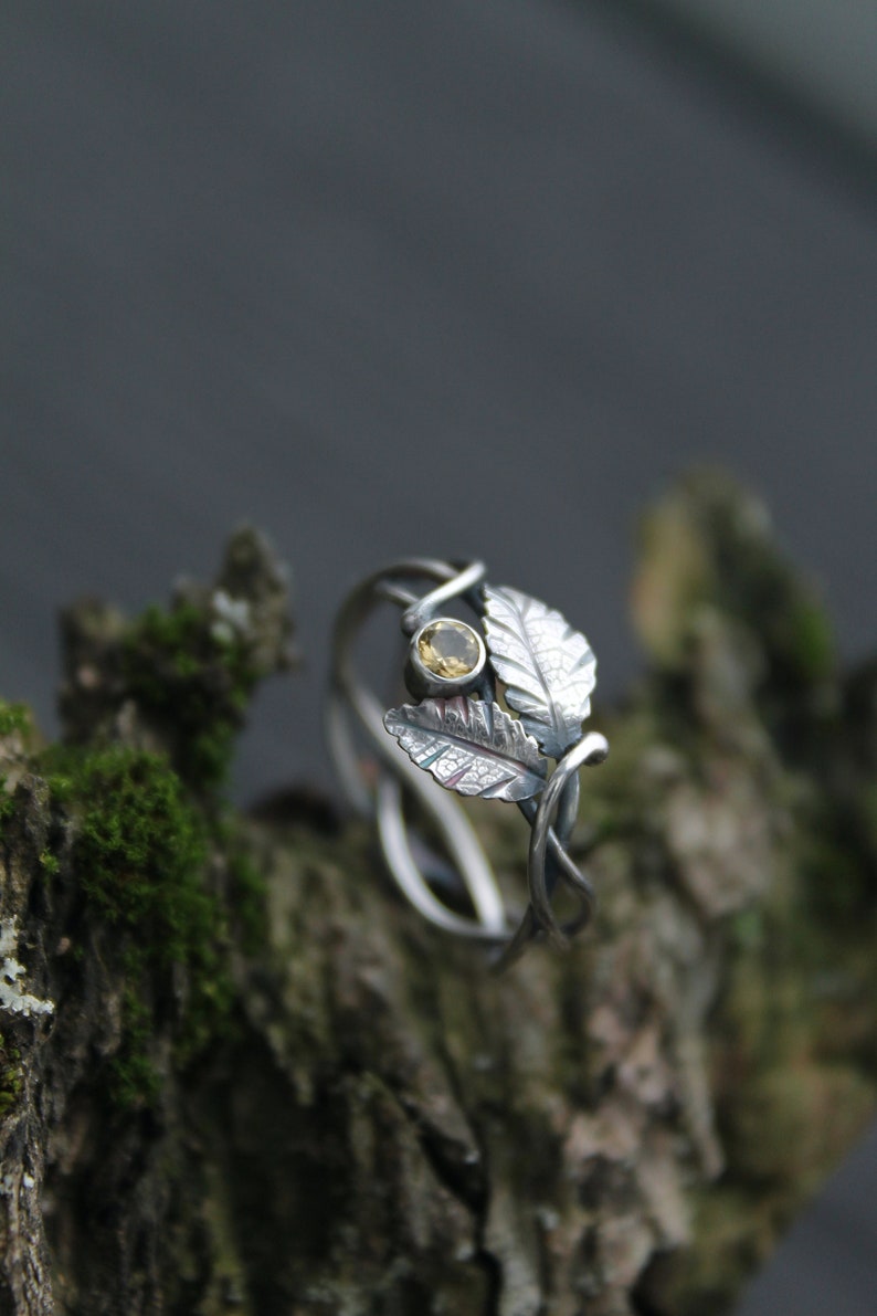 Leaf ring Elven engagement ring Botanical floral ring Silver wire wrapped jewelry Proposal ring plant Bohemian wedding Woodland ring Citrine