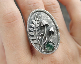 Mushroom and fern ring Silver organic large ring Botanical jewelry