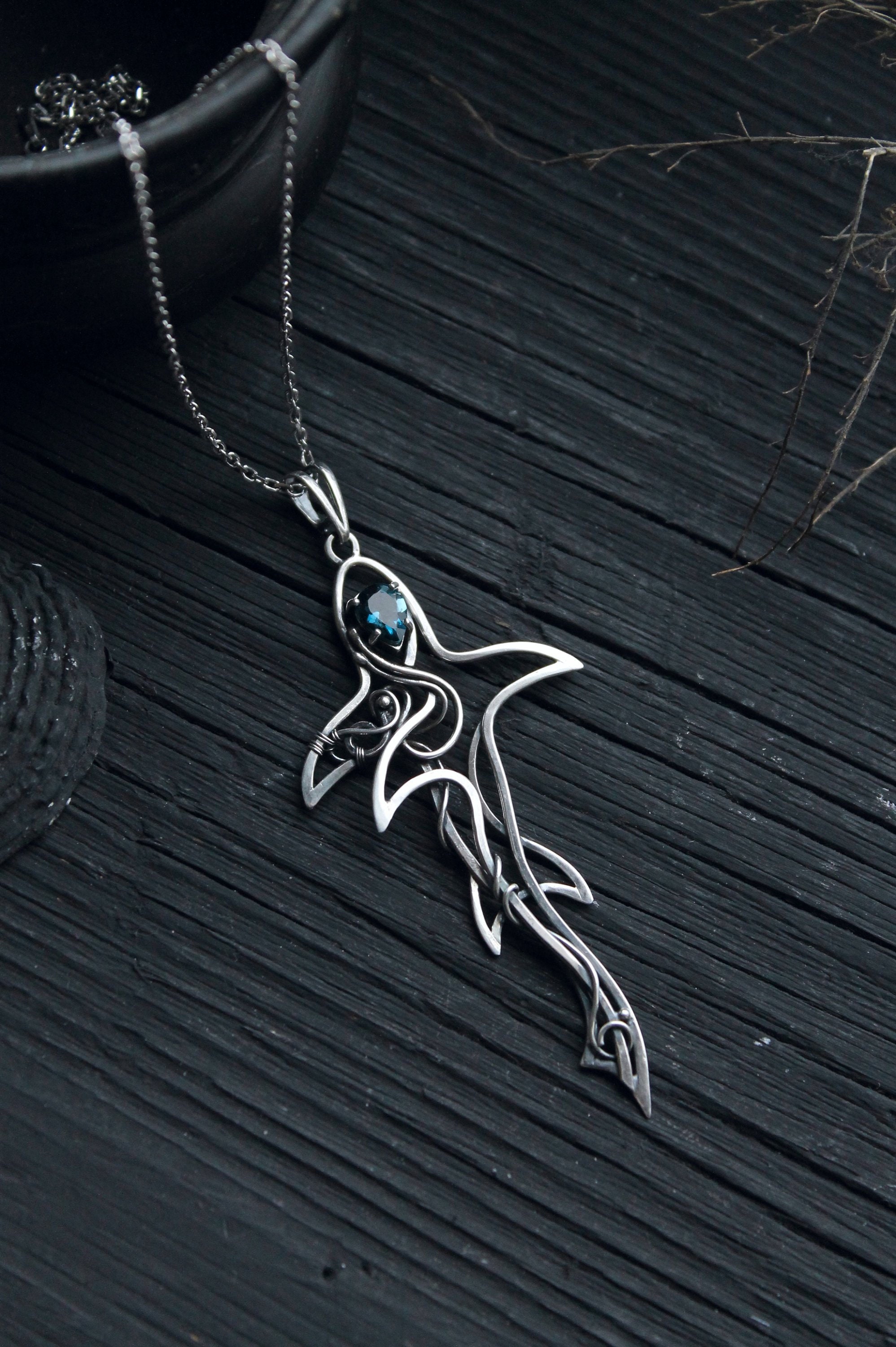 Shark necklace Blue topaz Silver wire wrapped pendant Shark jewelry Ocean necklace Sea pendant Nautical statement necklace Totem
