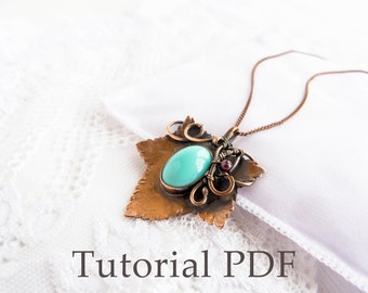 Tutorial jewelry DIY project - Leaf pendant - Bezel for cabochon - Tutorial wire wrap - Copper soldering