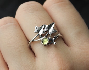 Ivy silver ring adjustable, Elven leaf ring, Botanical silversmithing