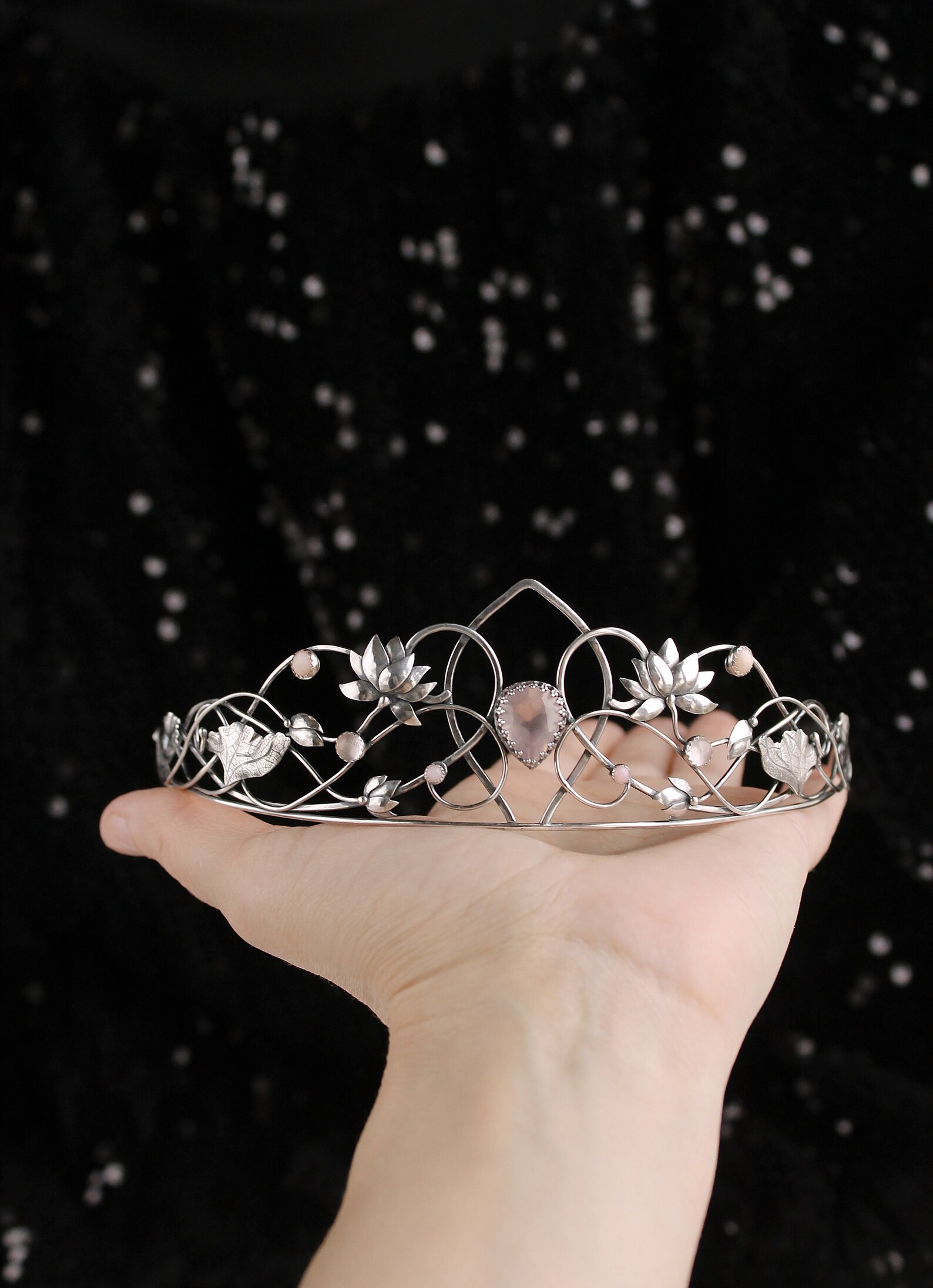 Tiara de plata Flor de loto rosa cuarzo corona nupcial Elven Etsy