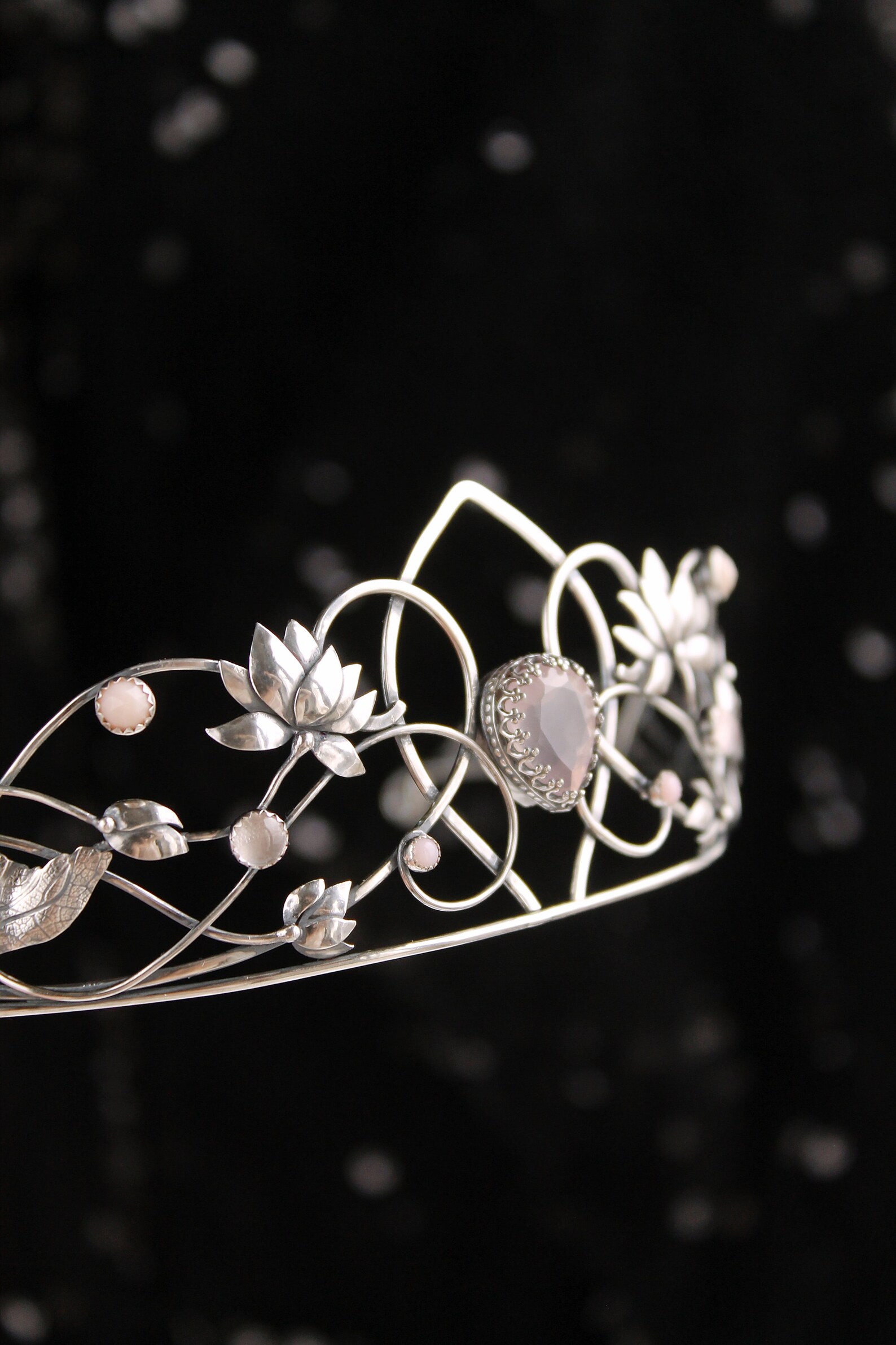 Silver Tiara Lotus Flower Rose Quartz Bridal Crown Elven Etsy