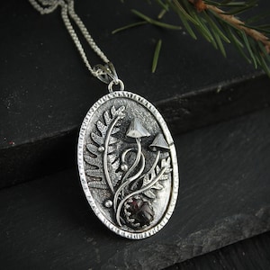 Mushroom necklace silver botanical jewelry Fern leaf charm image 7