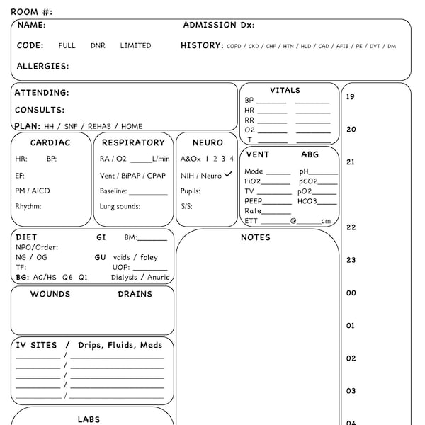 Hoja de informe de enfermería de la UCI del turno de noche