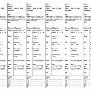 May include: A series of six medical forms, each with sections for patient information, medical history, and vital signs. The forms include checkboxes and spaces for handwritten notes, with a focus on patient assessment and care.