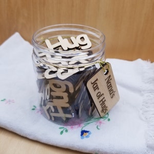 Personalized Jar of Hugs, Custom Label Jar of 50 Wooden Hugs, Long Distance Gift, Teacher Gift, Grandparent Gift, Mother's Day Gift