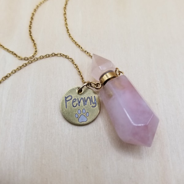 Rose Quartz Ashes Keepsake Pet Memorial Necklace, Pet Memorial Necklace for Ashes, Crystal Necklace for Pet Dog Memorial or Cat Memorial