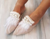 Wedding Sandals, Wedding Shoes, Mules, Bridal Sandals, Wedding, Feather Sandals, Pearl Sandals, Nude Sandals, Boho Sandals, quot Serenade quot