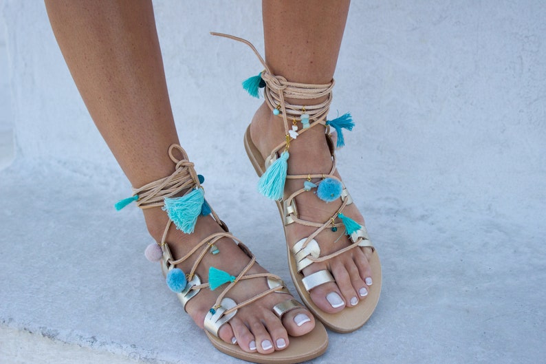 Colorful Sandals Pom Pom Sandals Fiji Boho Sandals Gypsy Sandals Greek Leather Sandals Gold Sandals RiRiPoM Gladiator Sandals