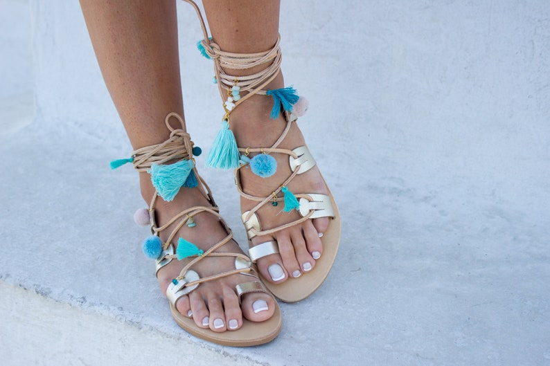 Colorful Sandals Pom Pom Sandals Fiji Boho Sandals Gypsy Sandals Greek Leather Sandals Gold Sandals RiRiPoM Gladiator Sandals
