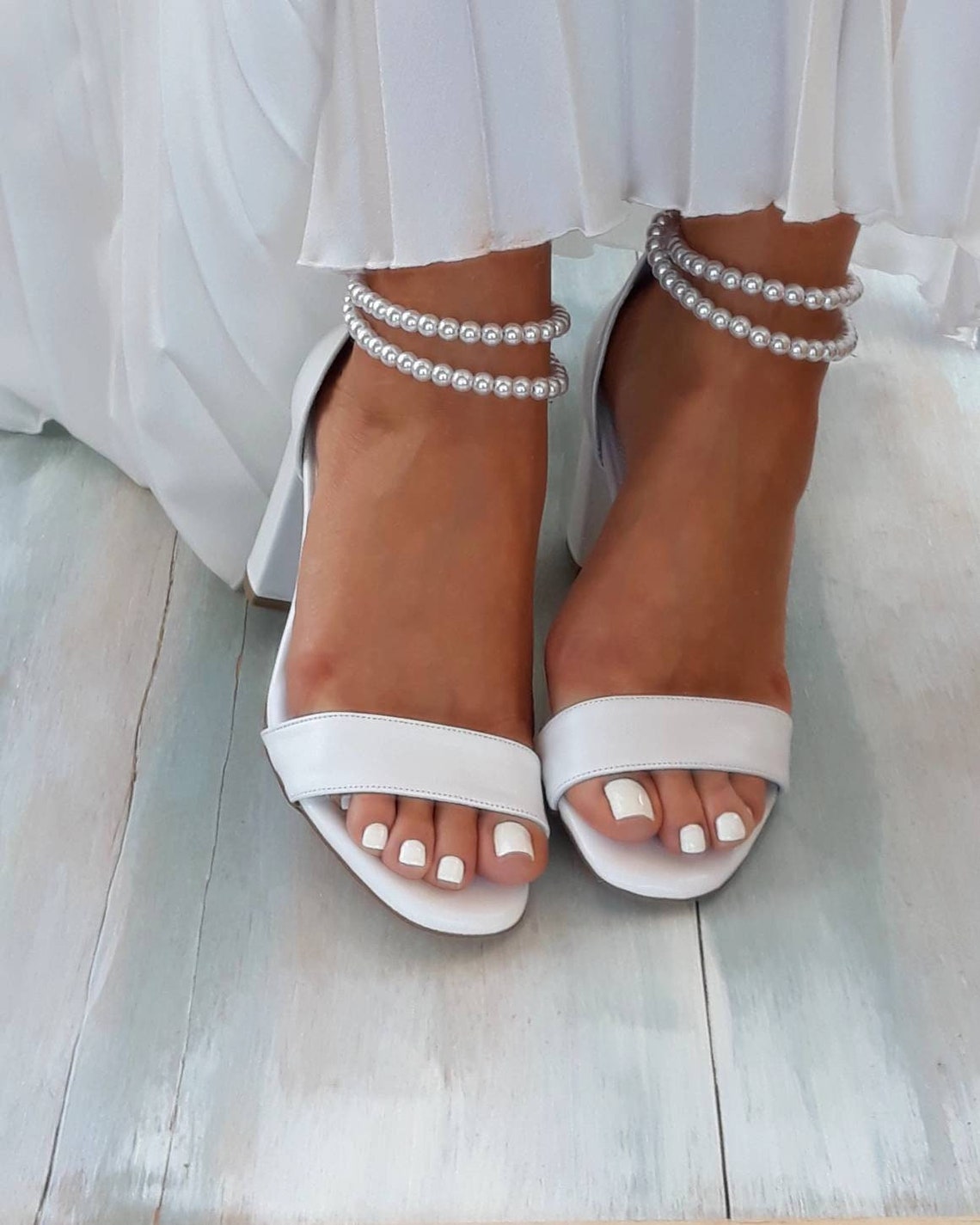 Wedding Sandals Wedding heelsPearl HeelsBlock heel White image 1