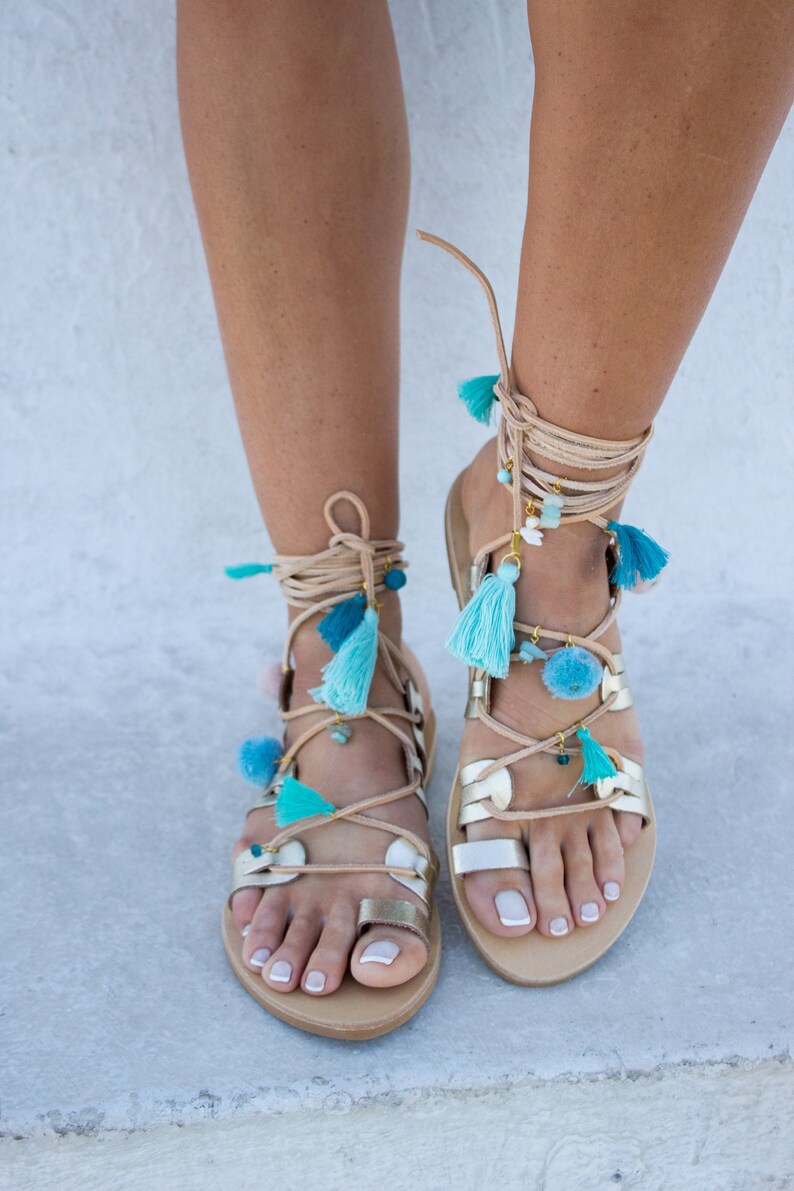 Colorful Sandals Pom Pom Sandals Fiji Boho Sandals Gypsy Sandals Greek Leather Sandals Gold Sandals RiRiPoM Gladiator Sandals