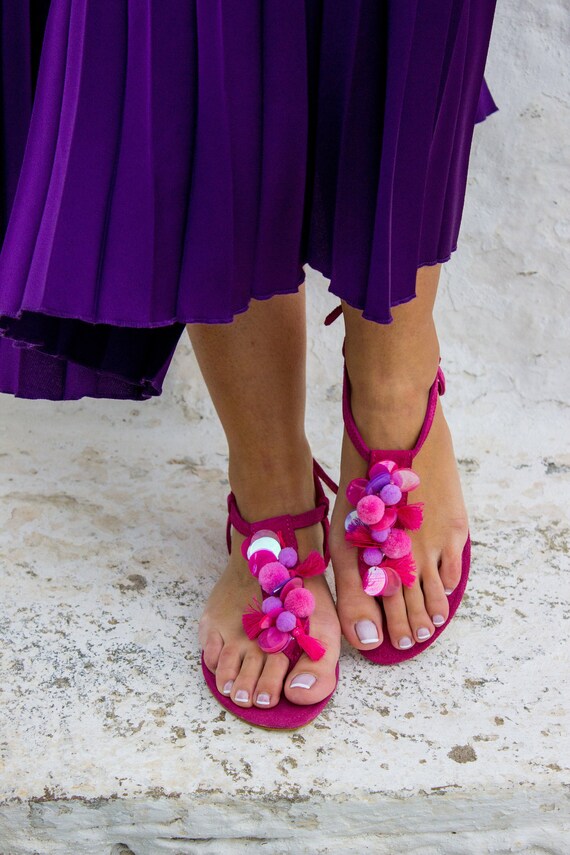 Boho sandalen Pom Pom sandalen roze sandalen neon sandalen - Etsy Nederland