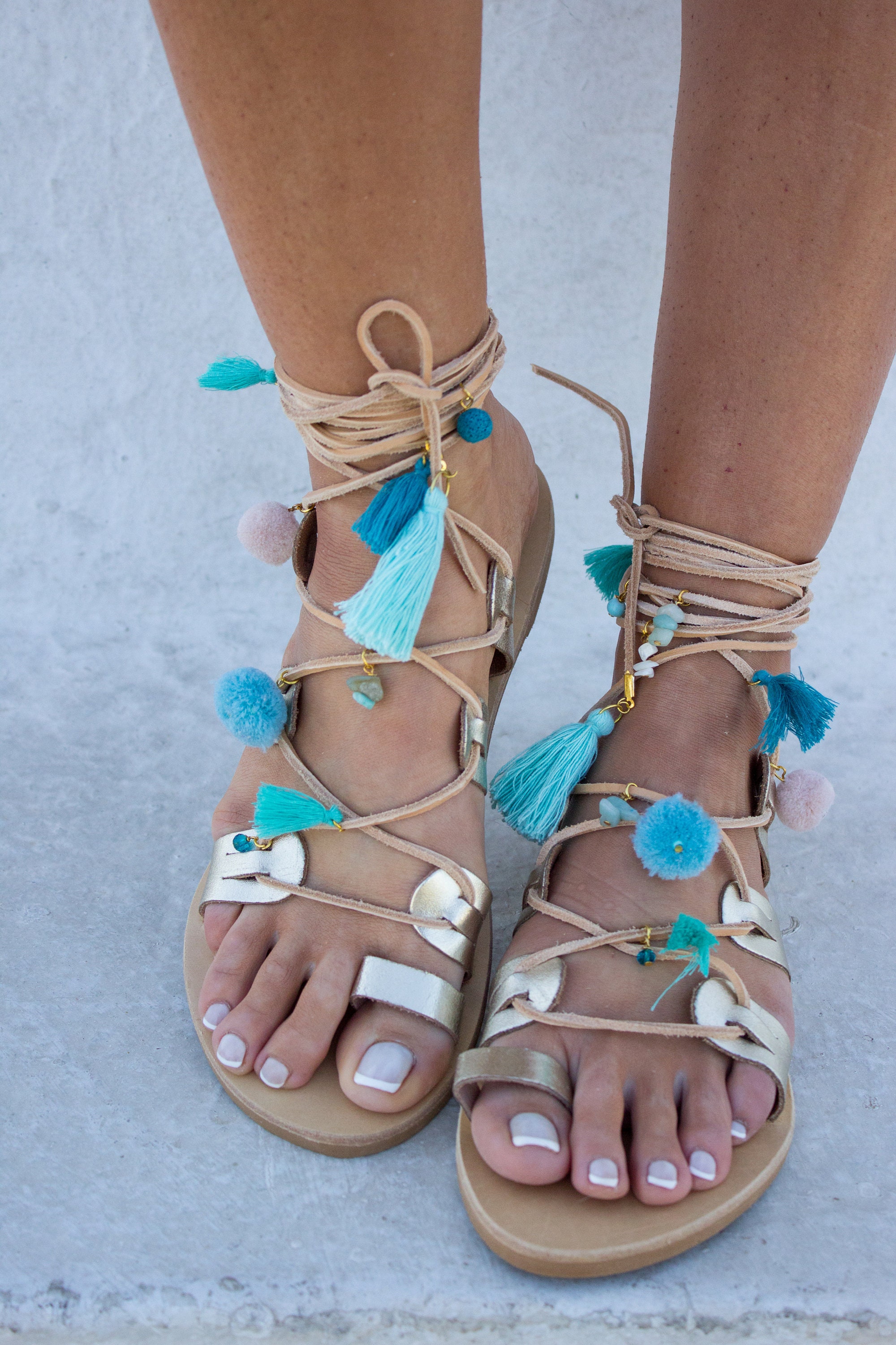 Boho Sandals Pom Pom Sandals Gypsy Sandals Gold Sandals | Etsy