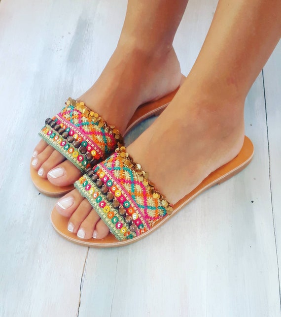 Boho Sandals Pom Pom Sandals Gypsy Sandals Tribal Sandals - Etsy