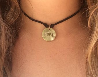 Rustic Gold Hope pendant, Black suede choker (reversible)