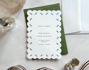 Green Floral Letterpress Scallop Edge Luxury Save the Date Wedding Invitation | modern simple elegant | birthday baby shower christening