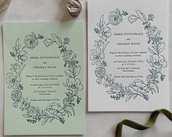 Floral Letterpress Botanical Wedding Invitation, White and Green simple wildflowers SAMPLE.