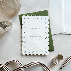 Green Floral Letterpress Scallop Edge Luxury Save the Date Wedding Invitation | modern simple elegant | birthday baby shower christening