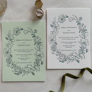 Floral Letterpress Botanical Wedding Invitation, White and Green simple wildflowers SAMPLE. image 1