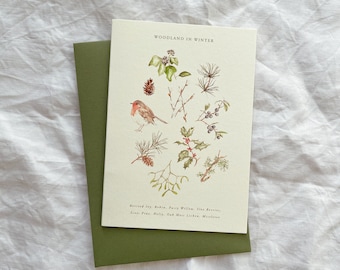 Ilustración de acuarela botánica Tarjeta de saludos de lujo de temporada l Imprimir l Invierno