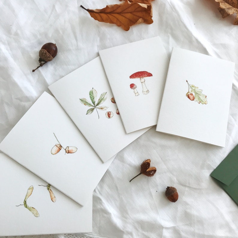 Autumn Seasonal Mini Greetings Card Set, with Botanical Woodland Illustrations. Waldorf steiner home school resources Autumn Fall image 2