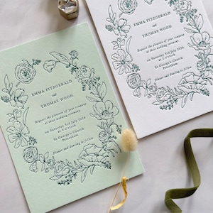 Floral Letterpress Botanical Wedding Invitation, White and Green simple wildflowers SAMPLE. image 6