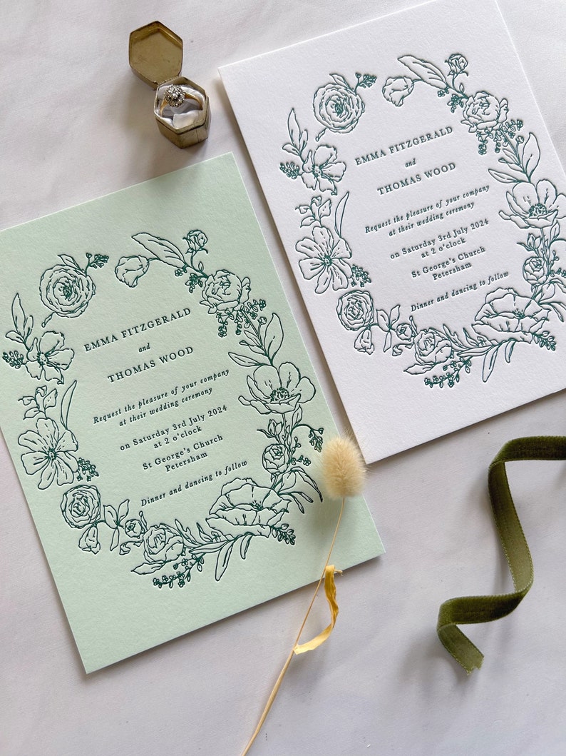 Floral Letterpress Botanical Wedding Invitation, White and Green simple wildflowers SAMPLE. image 6