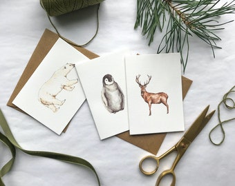 Children's Christmas Card Set - Cute Winter Animals Luxury Mini Simple Modern Christmas Cards - baby penguin, polar bear, reindeer