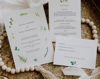 Vegetación, acuarela, hojas, invitación de boda botánica, suite l, follaje de eucalipto de helechos verdes y blancos simples