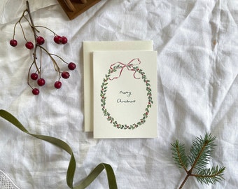 Vintage Style Luxury Christmas Card Simple Modern - Petite Size, Country Traditional, Illustrated Holly Wreath