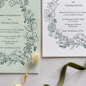 Floral Letterpress Botanical Wedding Invitation, White and Green simple wildflowers SAMPLE. image 2